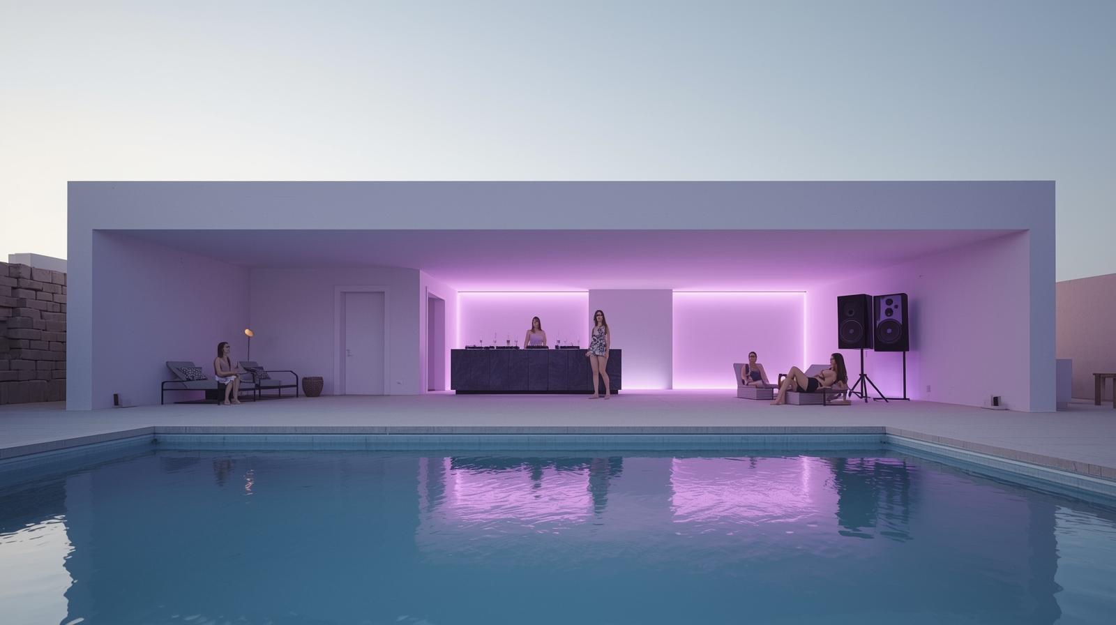 A minimalist and clean photographic style, cinematic wide-angle shot of a DJ booth situated within a deconstructivist villa during summer. A few young women are seen relaxing near a swimming pool